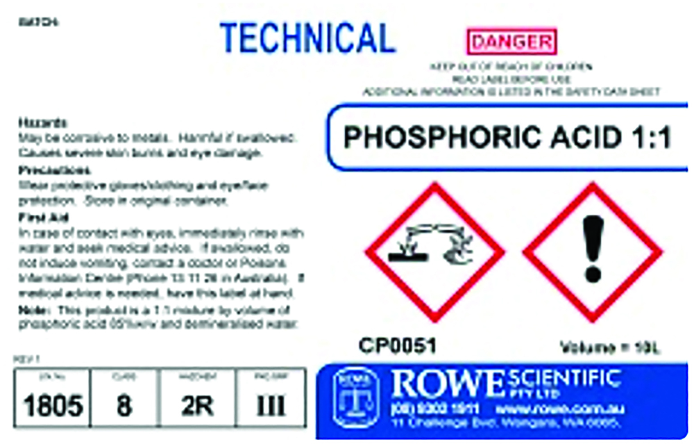 Other view of ROWE SCIENTIFIC Phosphoric Acid Technical 1:1 (R362) - 10 Litre